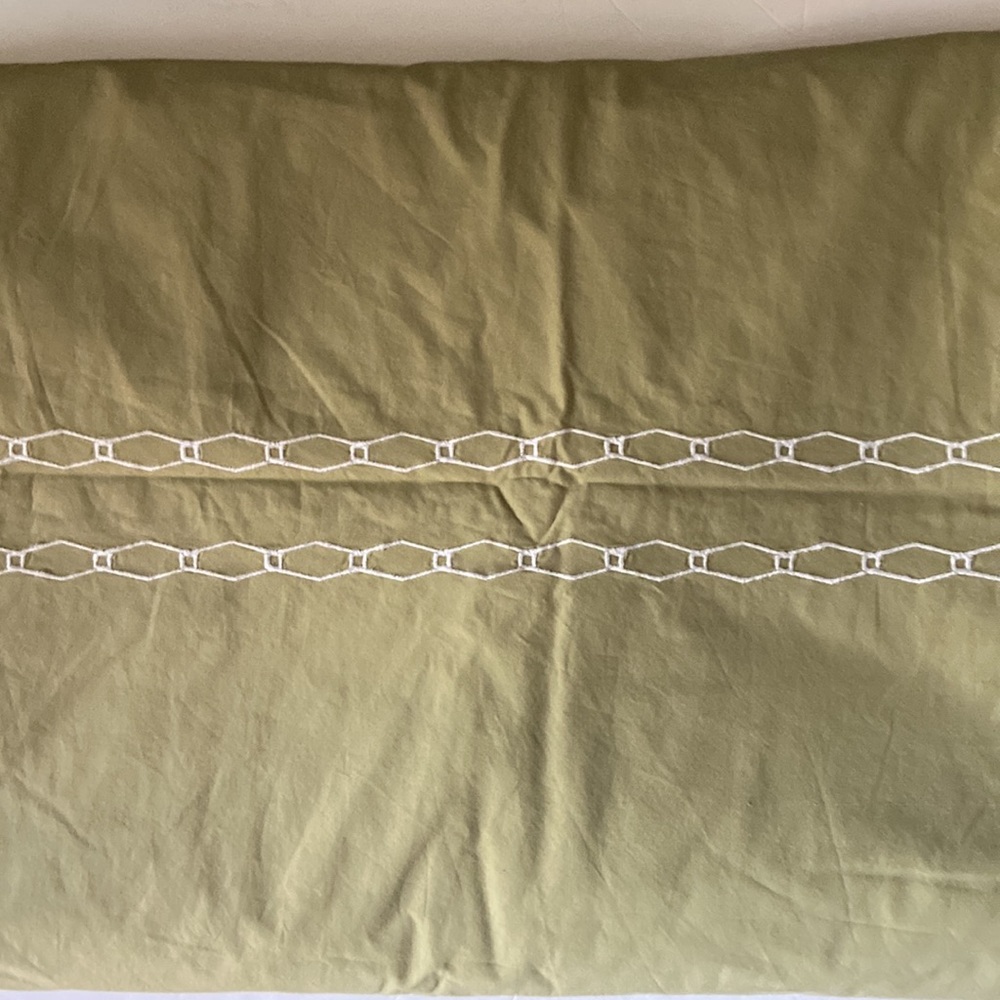 West Elm Sage Green Cotton Duvet Cover Embroidered Details Full/Queen